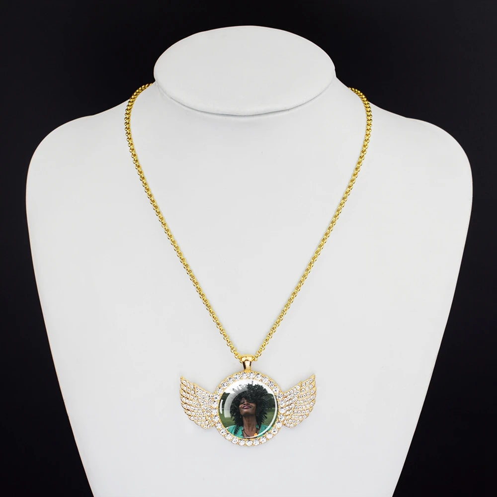 Custom Necklace Personalized Photo Picture Angel Wings Rhinestone Pendant Chains Necklaces Creative Fashion Hip Hop Jewelry Gift - Lootquake