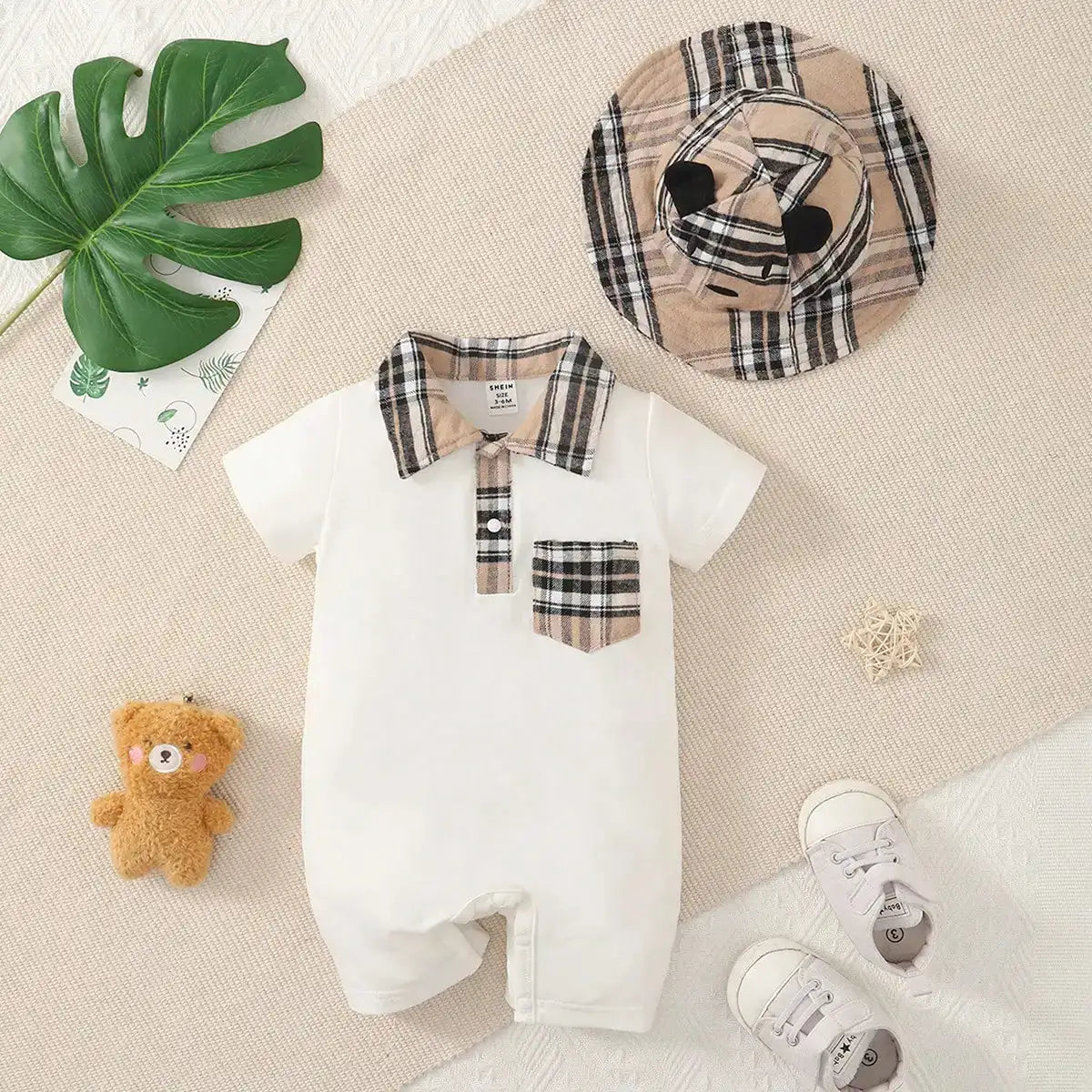 Two-piece baby boy design simple plaid neckline front pocket with plaid hat shorts spring/summer set - Lootquake