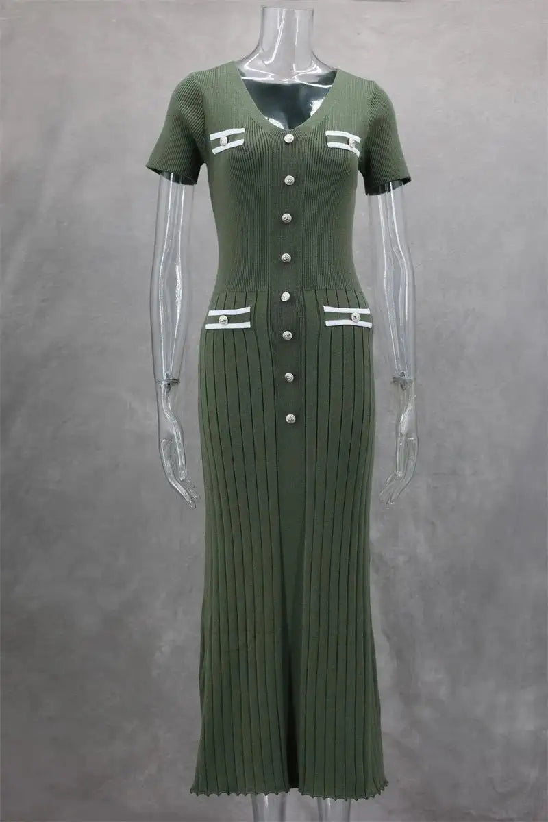 Office Lady Elegant Knitted Long Dress Summer Short Sleelve V Neck Single Breasted Bodycon Dresses Women Party Fashion Vestidos - Lootquake