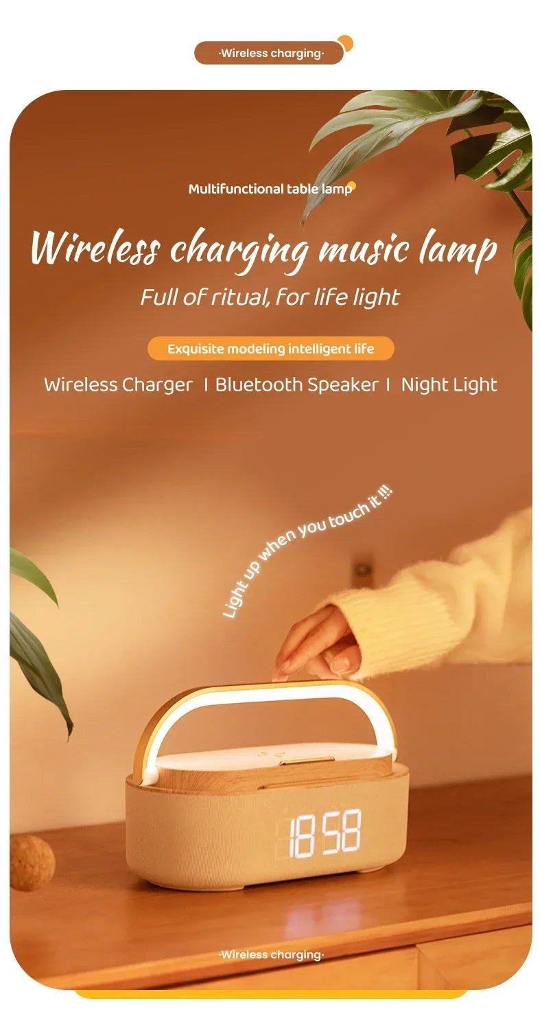 Altavoz Bluetooth, batería de 2500 mAh, compatible con carga inalámbrica de 15 W, reloj digital, pantalla, luz nocturna, despertador, estéreo Bluetooth.