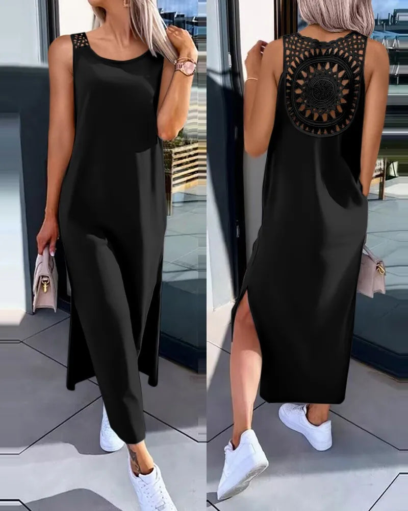 Hollow Out Solid Long Dress Women Fashion Sleeveless O-neck Maxi Dresses For Women 2024 Summer Women's Slim Split Vestidos Black - Lootquake