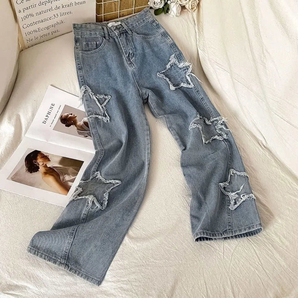 Denim Popular Ins Fashion Korean WIth Star Spring Autumn New High Waist Straight Leg Loose Fitting Jeans - Lootquake