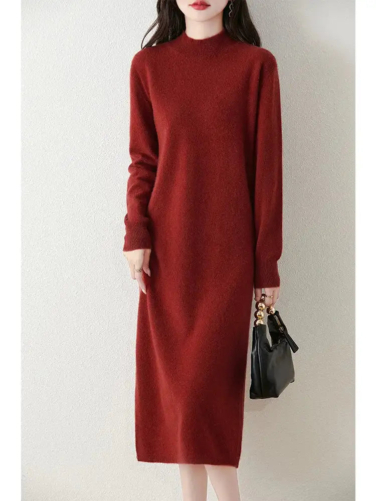 Autumn Winter Women's Wool Long Dress Cashmere Mock Neck Pullover Sweater 100% Merino Wool Soft Knitwear OL Simple Basic Dress - Lootquake