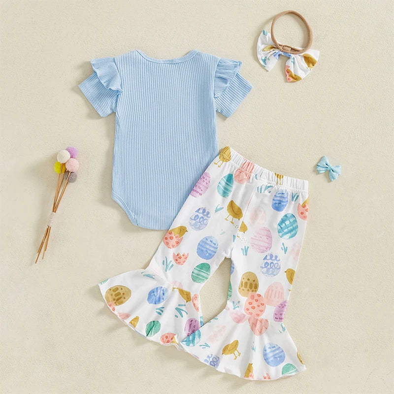 Baby Girls Summer Outfit Short Sleeve Romper with Bunny Eggs Print Flare Pants and Bowknot Headband Easter Outfit - Lootquake