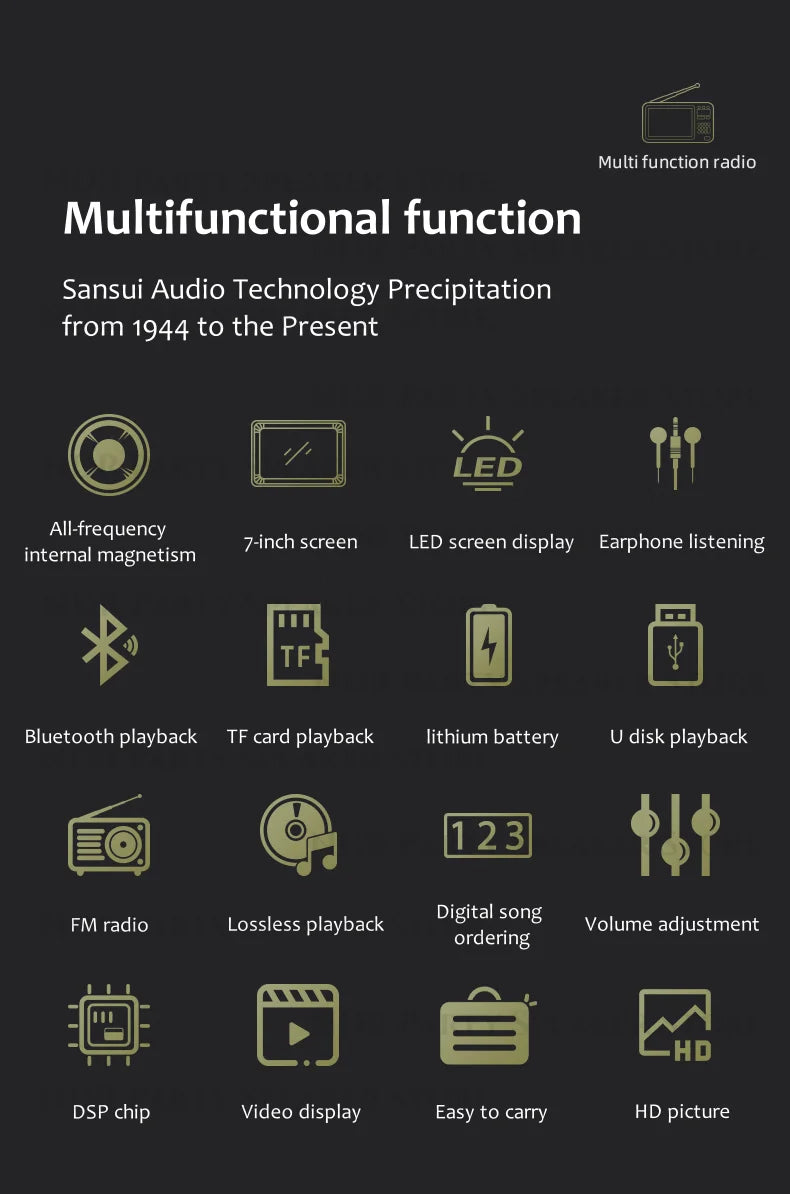 Enceintes Bluetooth sans fil SANSUI, radio pleine bande, lecteur vidéo LED HD, baladeur MP4 portable, batterie rechargeable intégrée