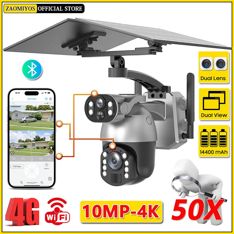 Caméra solaire 10 MP, zoom x50, double objectif, 4G, SIM, WIFI, surveillance extérieure, PTZ, détection humaine, enregistrement, vision nocturne