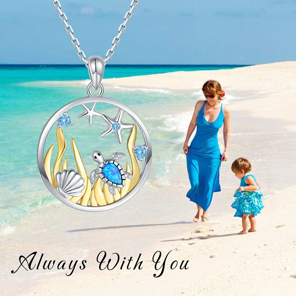 925 Sterling Silver Opal Sea Turtle Starfish Necklace Ocean Beach Necklace Mother Daughter Pendant Animal Jewelry Gift for Women - Lootquake