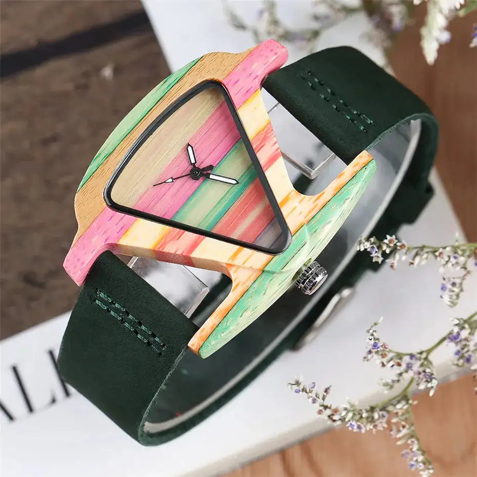 Unique Triangle Women's Wood Watch Creative Colorful Lady Green/ Red Genuine Leather Wristwatch Elegant Womens Watches Top Gifts - Lootquake