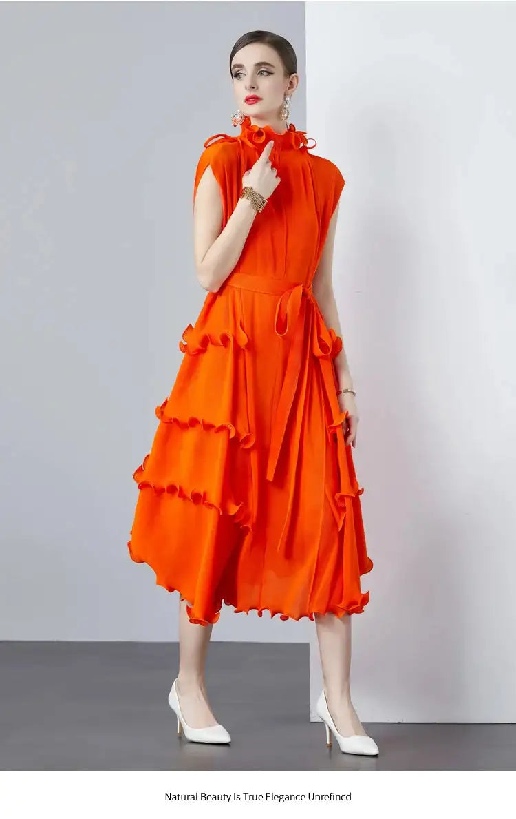 Miyake Pleated Shoulder Bag Heavy Industry Wood Ear Edge Pleated Lace-up Belt Long Dress Stand Collar Plus Size Women's Clothing - Lootquake