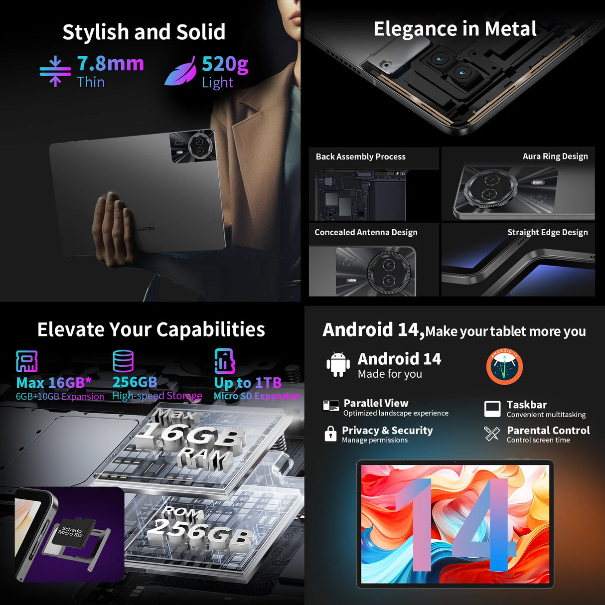 Tablette Teclast T50 Plus, 11 pouces, processeur Unisoc T620, 8 cœurs, (6 Go + 10 Go), RAM max. 16 Go, ROM 256 Go, réseau 4G, double SIM, Android 14, 8 000 mAh, IPS 1920 x 1200, Wi-Fi