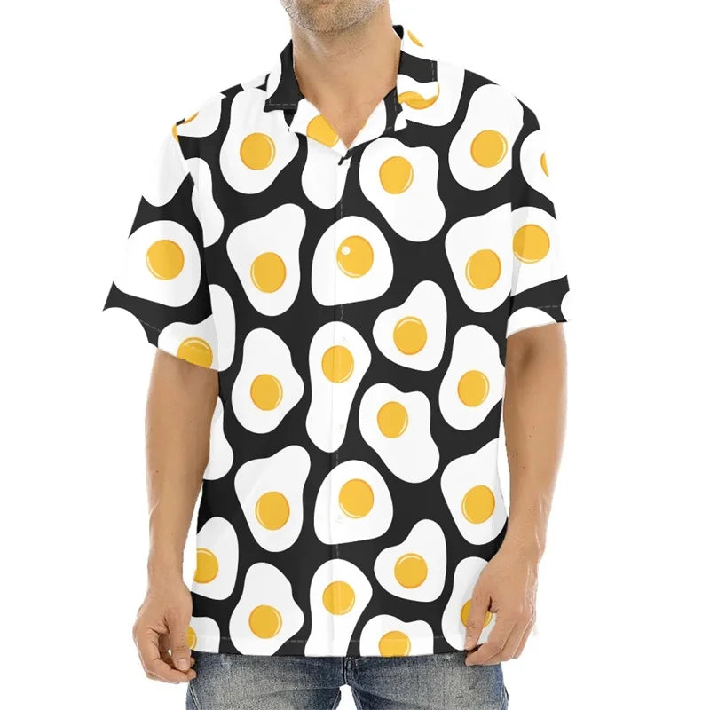 Funny Fried Egg Pattern Print Hawaiian Shirts For Men Summer Short Sleeve Holiday Beach Shirt 3d Print Mens Blouse Shirt - Lootquake