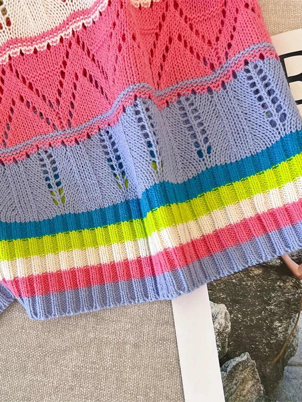 2024 New Summer Hollow Out Eyelet Rainbow Striped T-shirt Casual Crew Neck Short Sleeve T-shirt Women's Clothing Crop Top - Lootquake