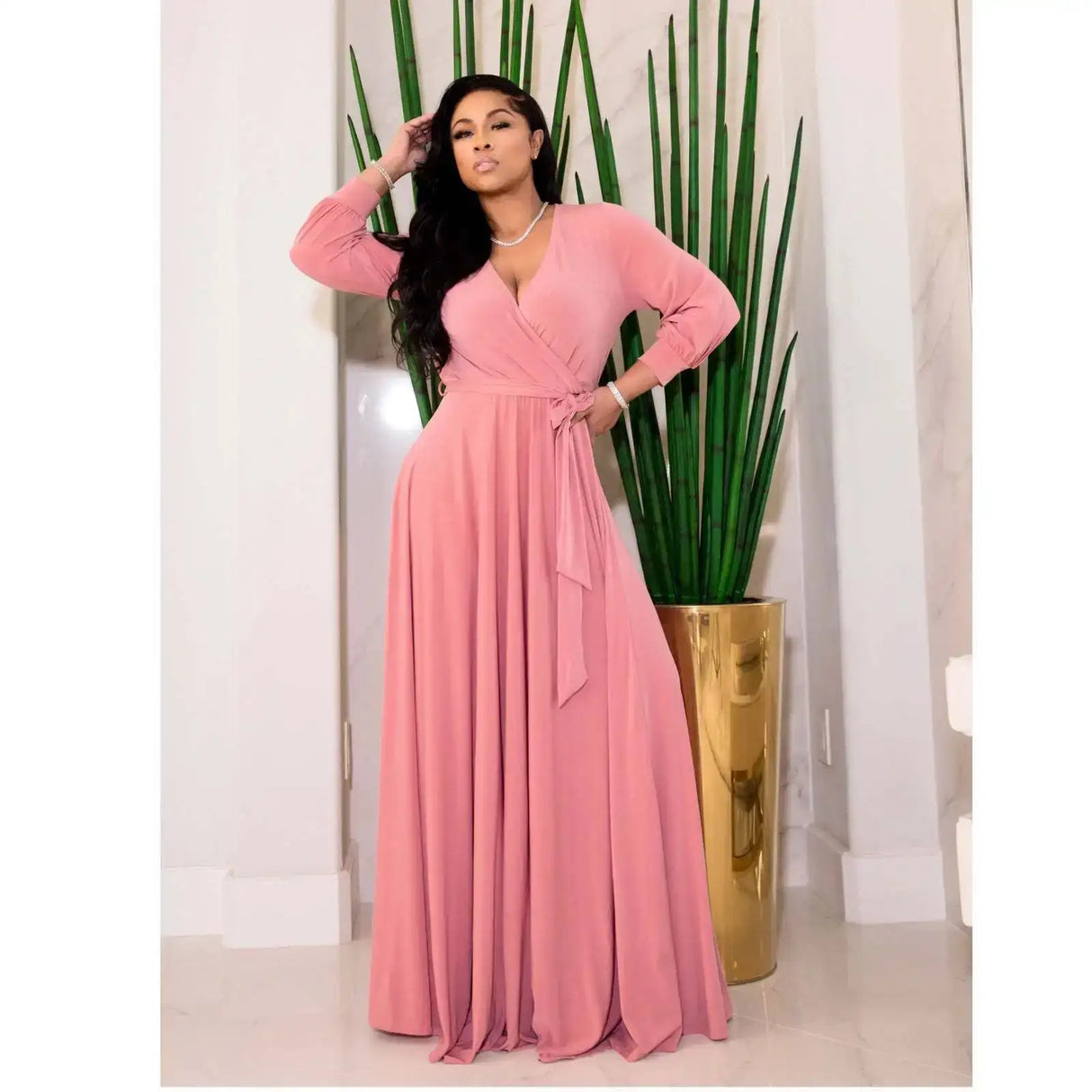 CM.YAYA Elegant Women Wraped V-neck Long Sleeve with Sashes Maxi Long Dress Chic INS Sexy Party Prom Big Swing Pink Dresses - Lootquake
