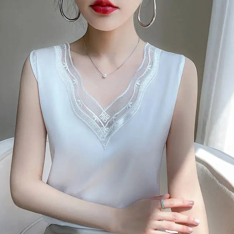 new woman clothing vest camis Tank top women's suit bottom lace lining 2024 summer new silk satin sleeveless top suspender vests - Lootquake