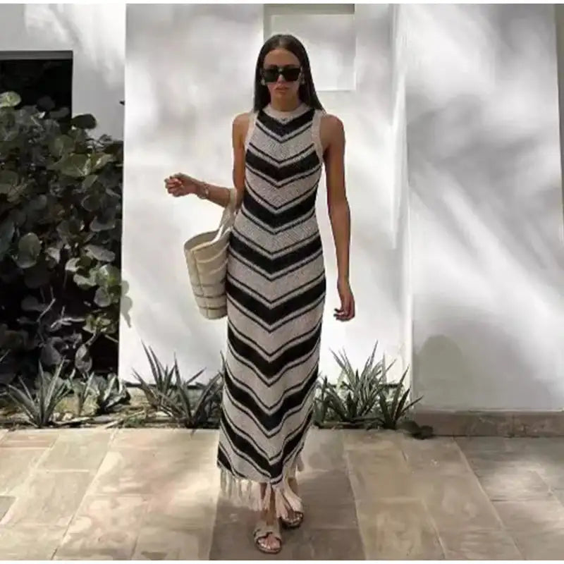 Striped Knitted Long Dress Women O-neck Backless Hollowed Out Long Sleeves Lady Bodycon Dress 2024 Spring Summer Vacation Robe - Lootquake
