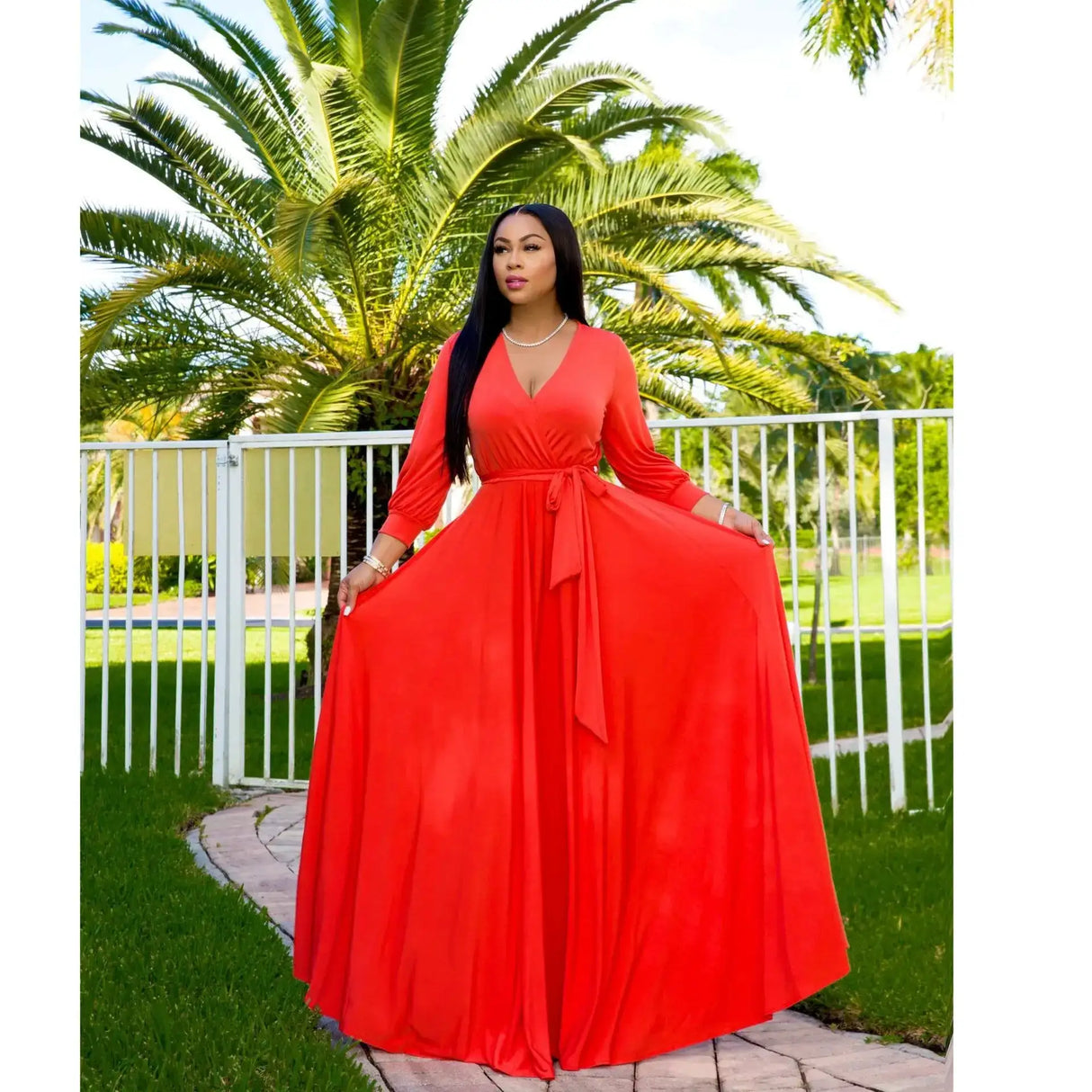 CM.YAYA Elegant Women Wraped V-neck Long Sleeve with Sashes Maxi Long Dress Chic INS Sexy Party Prom Big Swing Pink Dresses - Lootquake