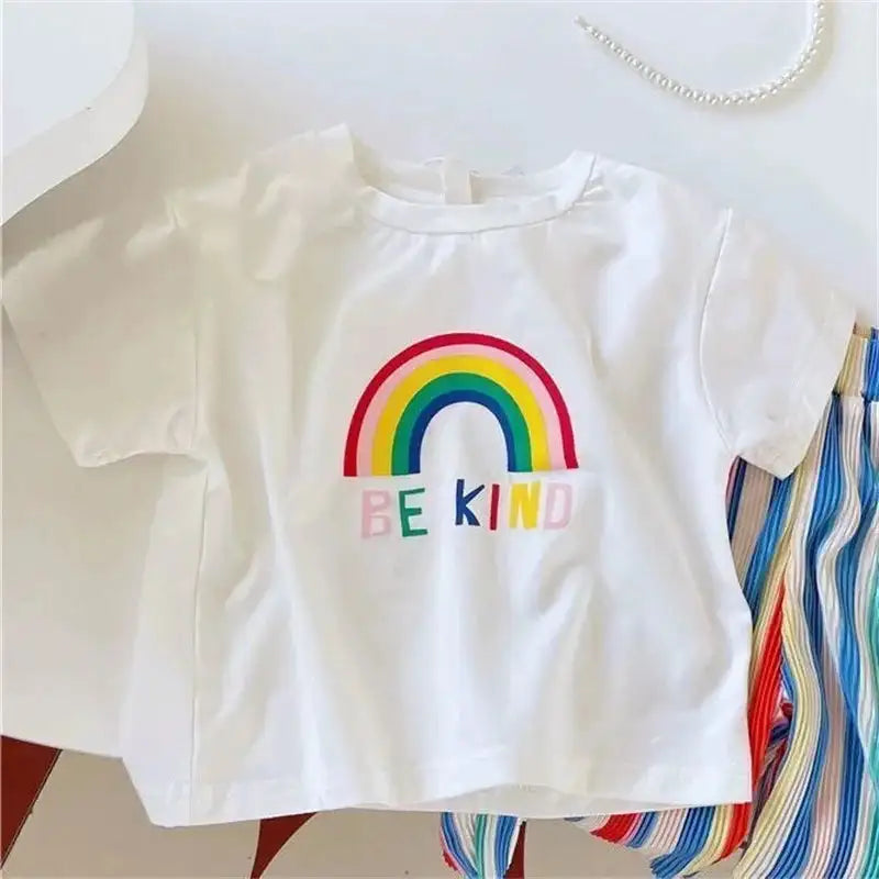 Baby Summer Set Children's Tops and Bottoms Suit New Girls Cute Short-Sleeved T-Shirt Rainbow Pleated Pants Two-Piece 12M-8Y - Lootquake