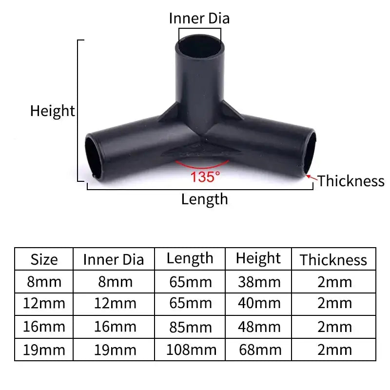 I.D 8/12/16/19mm Black Plastic Pipe Connector DIY Shelf Water Tube Joint Tent Fixed Connector Tee Four Way Elbow Straight Joint - Lootquake