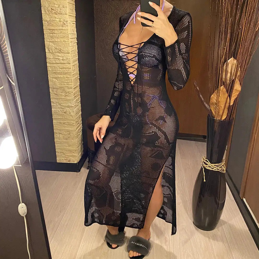 Deep V Dress Lace Up Long Sleeve Women Split Maxi Dress Crochet Knitted Tunic Mesh Sheer Sexy Bodycon Long Dress Vestido V4146B - Lootquake