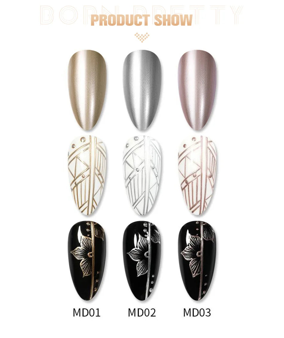 BORN PRETTY Esmalte de uñas en gel metálico con efecto espejo dorado y plateado, superbrillante, para dibujar líneas, uñas francesas, barniz UV.