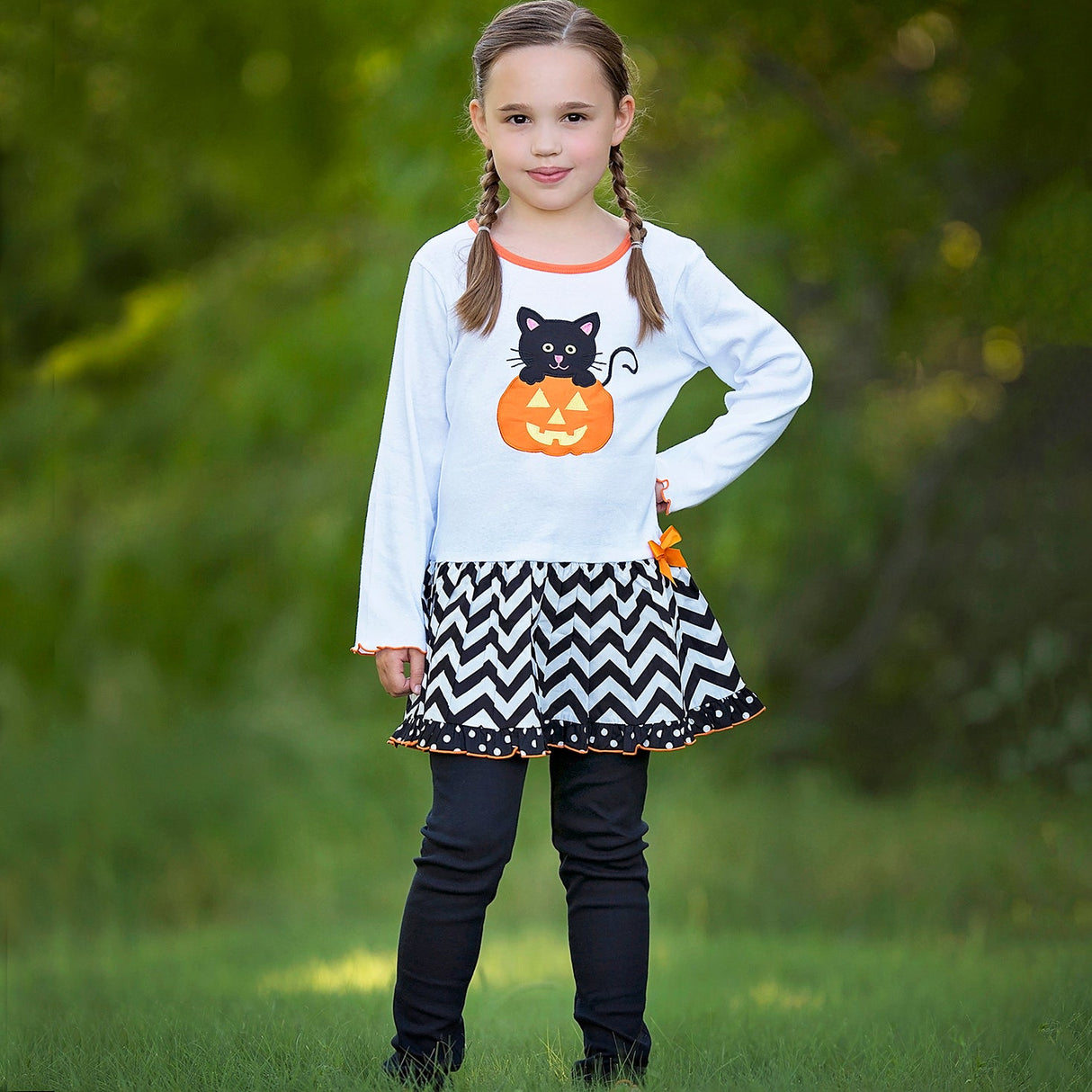 AnnLoren Girls' Halloween Orange Pumpkin and Black Cat Dress & Leggings Outfit