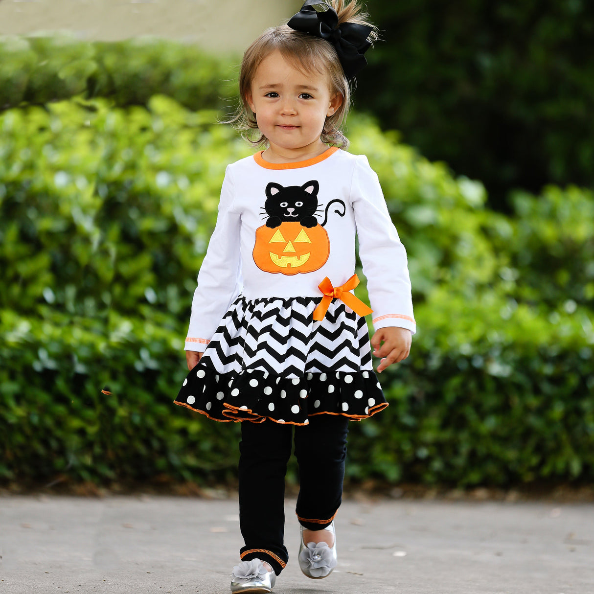 AnnLoren Girls' Halloween Orange Pumpkin and Black Cat Dress & Leggings Outfit