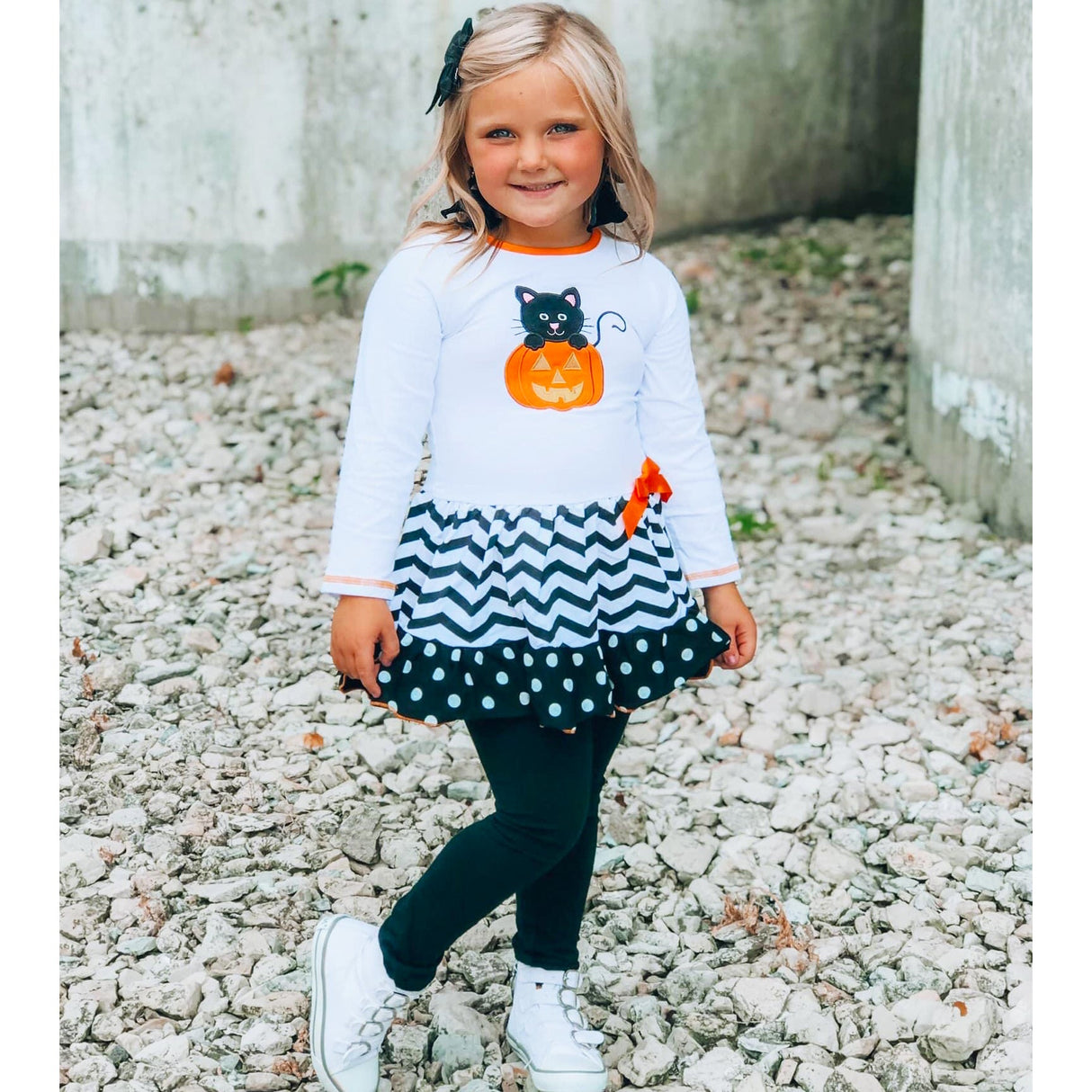 AnnLoren Girls' Halloween Orange Pumpkin and Black Cat Dress & Leggings Outfit