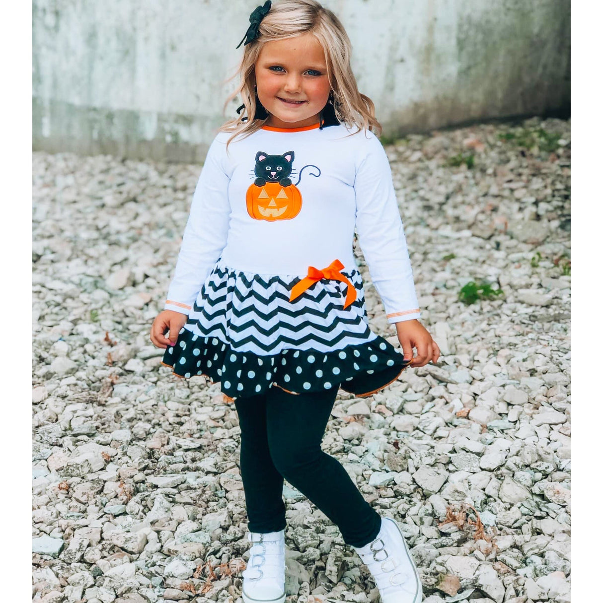 AnnLoren Girls' Halloween Orange Pumpkin and Black Cat Dress & Leggings Outfit