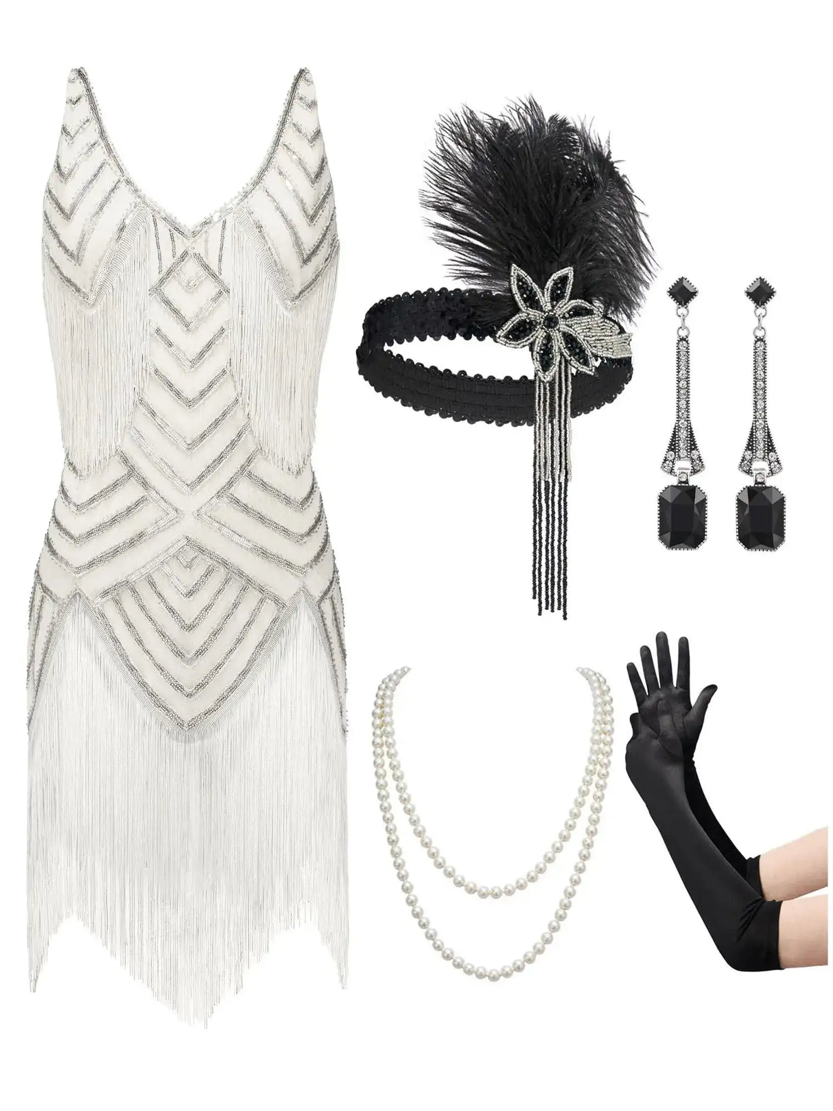 SWEETV 1920s Dresses For WomenFlapper Dresses 1920s Great Gatsby Dresses for Women Roaring 20s Costumes With 20s Accessories Set For Harlem Nights Fringe Flapper CostumesSmallWhite - Lootquake