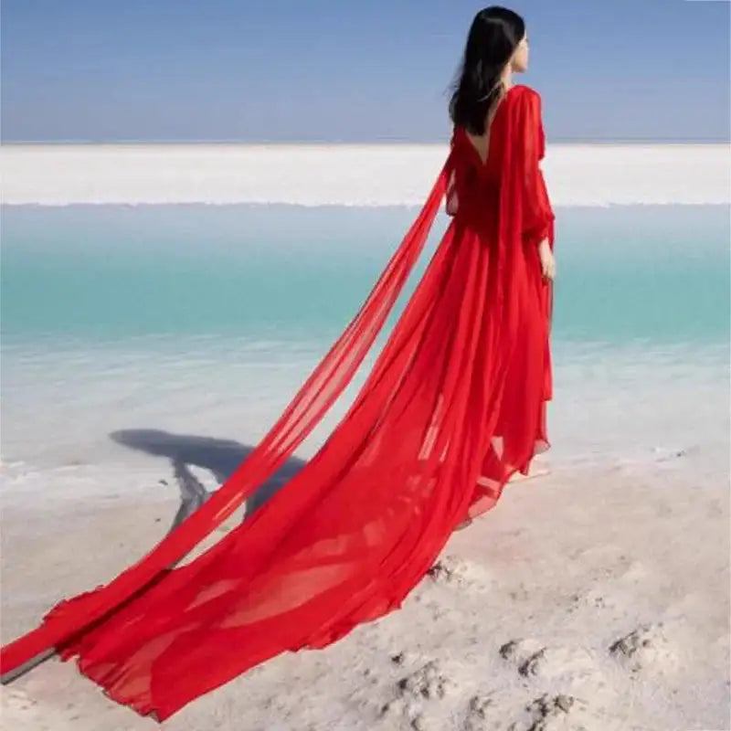 2025 Spring/Summer Silk Dress with Charm Seaside Vacation Beach Dress Red Extra Long Tailed Long Dress White Elegant And Gracefu - Lootquake