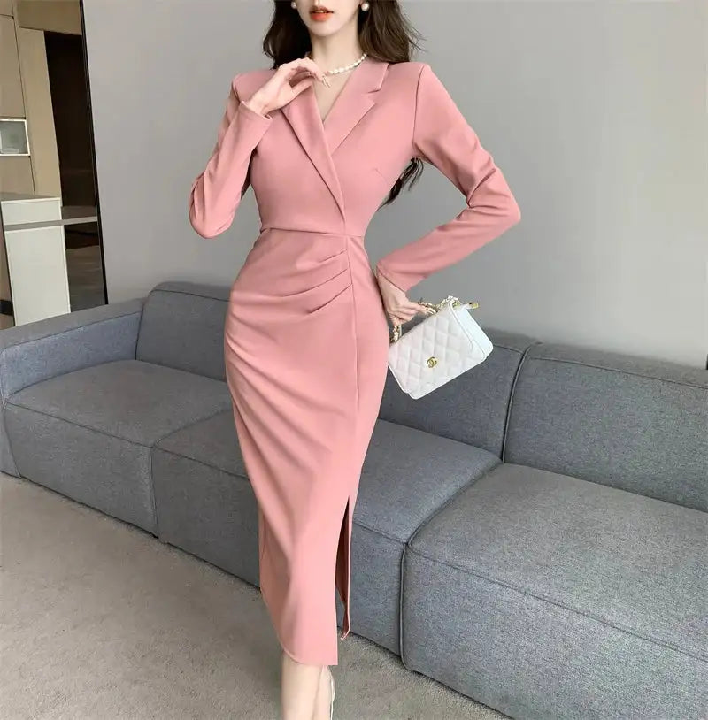 Women Pink Pleated Bodycon Formal Long Dress Autumn Winter Long Sleeve Chic Suit Dress 2025 Korean Fashion Elegant Party Dresses - Lootquake