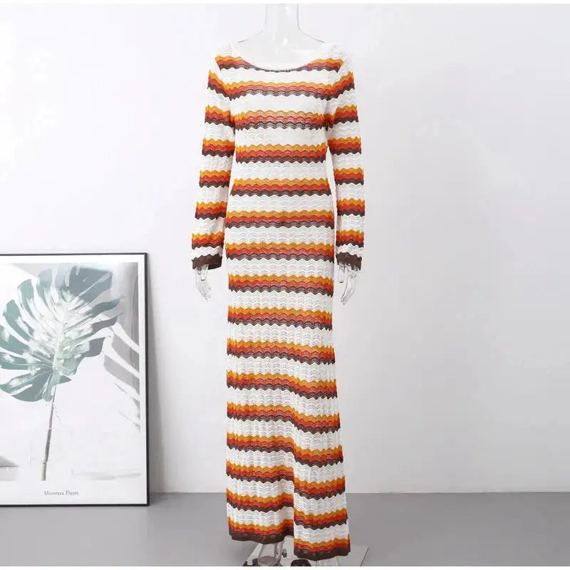Striped Knitted Long Dress Women O-neck Backless Hollowed Out Long Sleeves Lady Bodycon Dress 2024 Spring Summer Vacation Robe - Lootquake