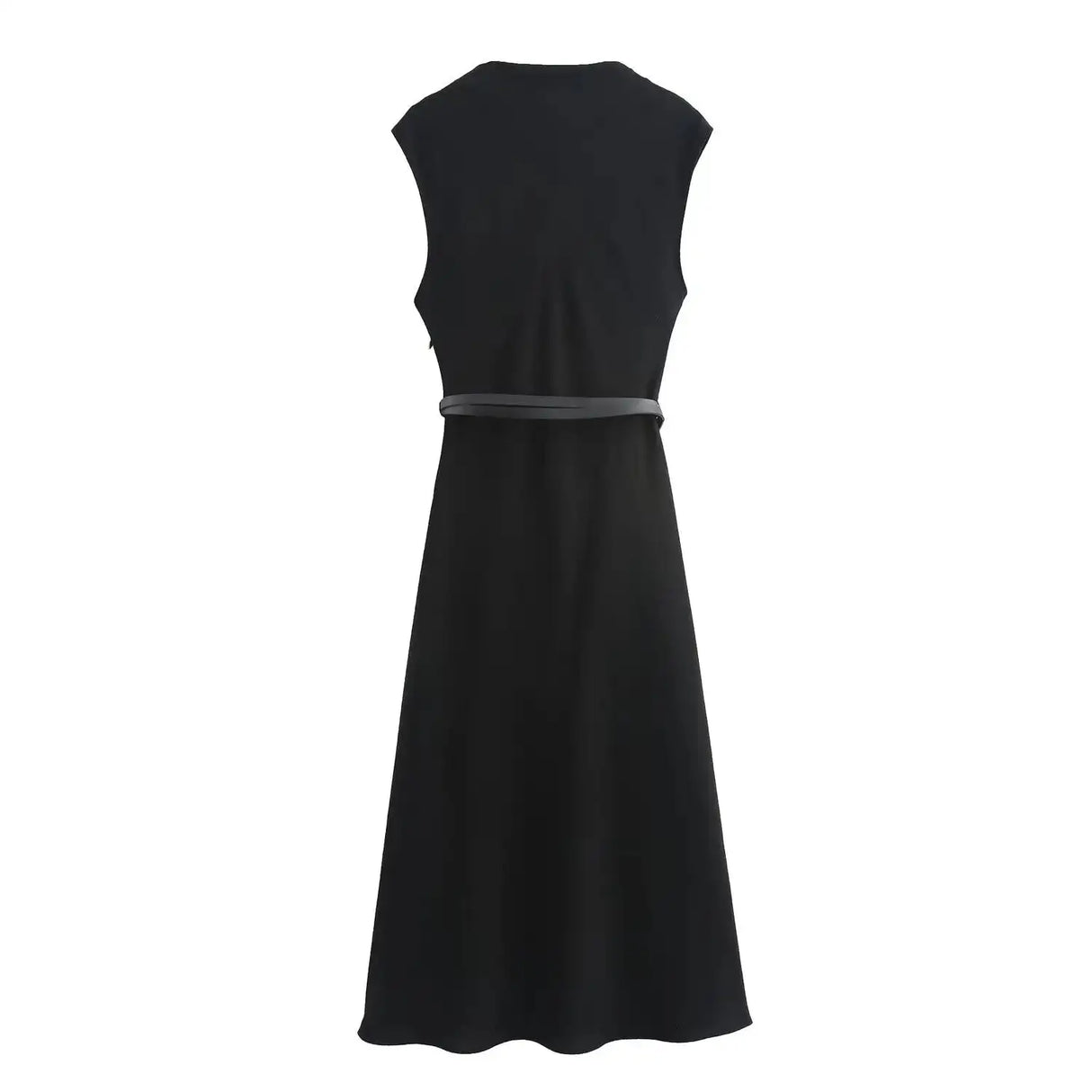 TRAFZA Women's Autumn New Fashion Versatile Belted Midi Slim Long Dress Female Elegant High Street Sleeveless Casual Dress Mujer - Lootquake