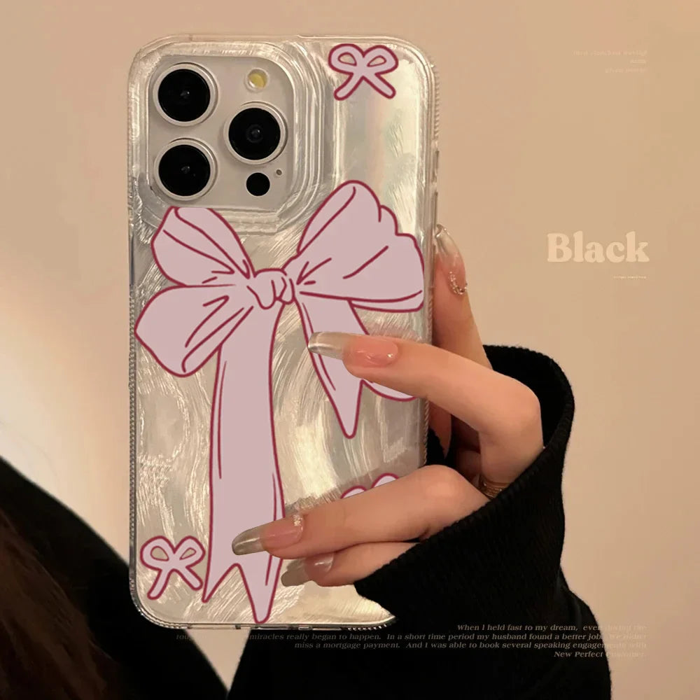 Funda para teléfono con lazo rosa y corazón blanco