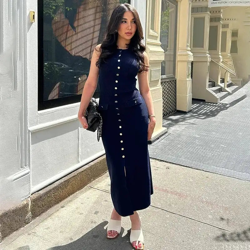 Fashion Knitted Long Dress For Women Elegant Sleeveless Button Maxi Sweater Bodycon Dresses Female Party Fashion Vestidos 2024 N - Lootquake