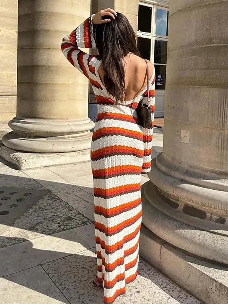 Striped Knitted Long Dress Women O-neck Backless Hollowed Out Long Sleeves Lady Bodycon Dress 2024 Spring Summer Vacation Robe - Lootquake