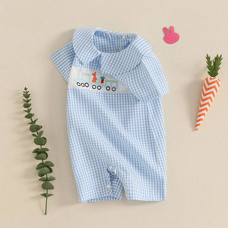 Infant Easter Bunny Romper Sleeveless Round Neck Train Embroidery Jumpsuit Baby Boy Newborn Playsuit Outfit Costume - Lootquake