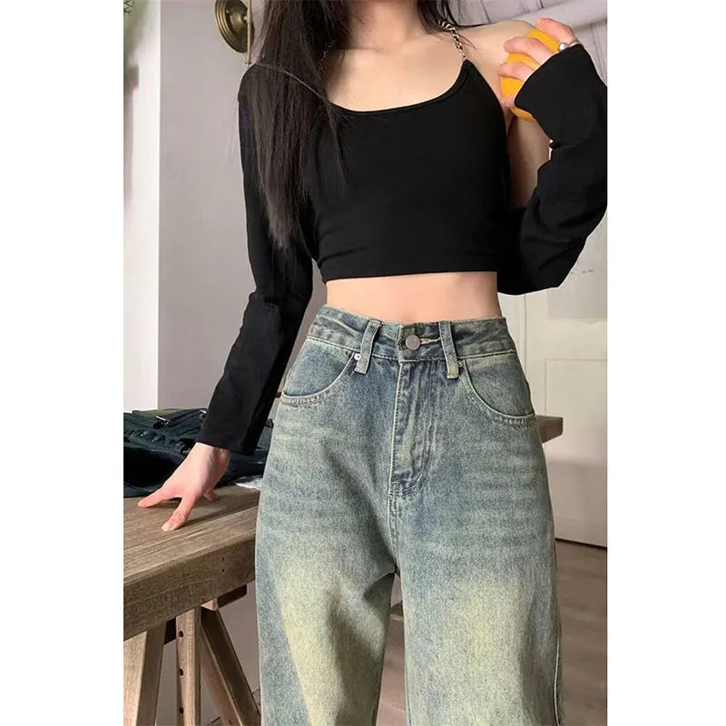 Vintage 90S Baggy Straight Denim Trousers Female Y2K High Waist Loose Wide Leg Jeans Women Streetwear All-Match Casual Pants New - Lootquake