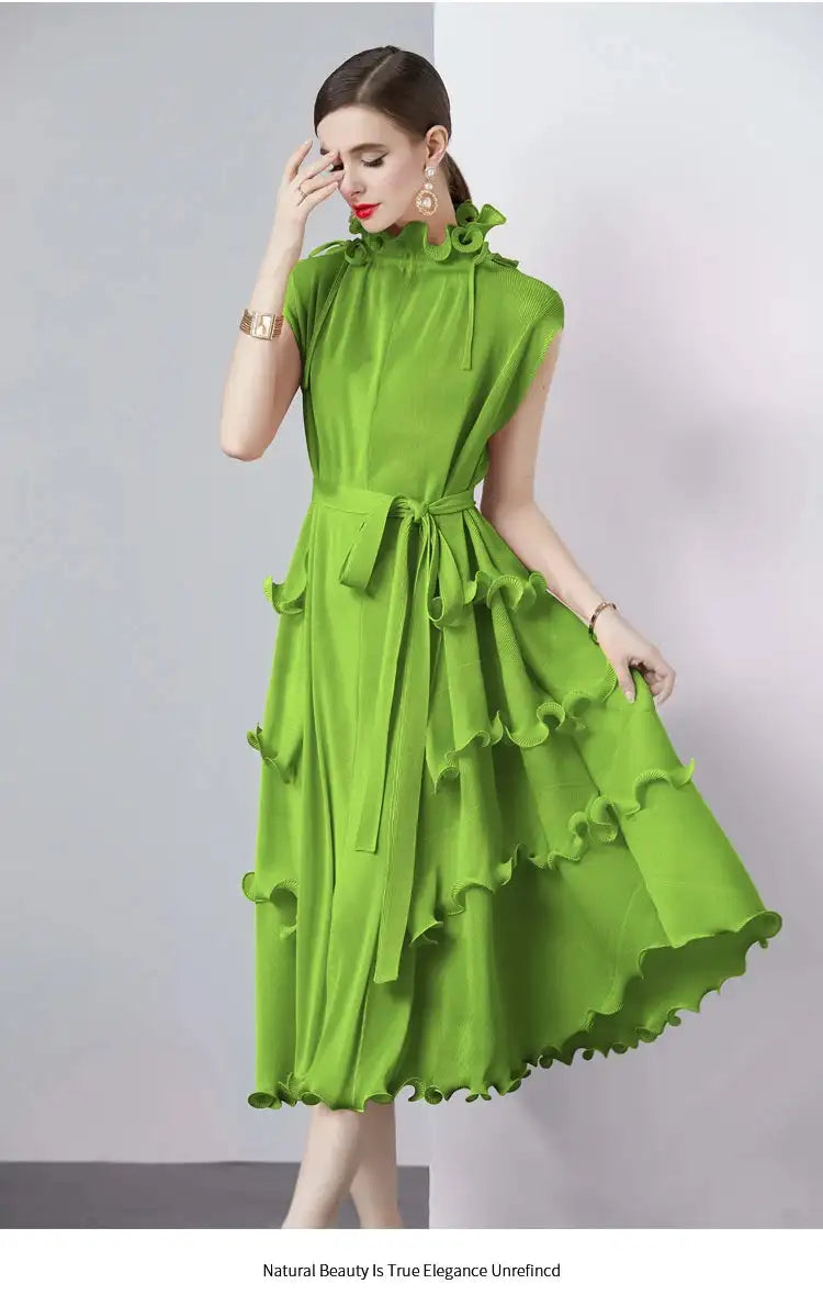 Miyake Pleated Shoulder Bag Heavy Industry Wood Ear Edge Pleated Lace-up Belt Long Dress Stand Collar Plus Size Women's Clothing - Lootquake