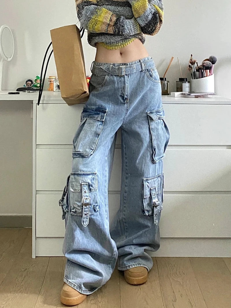 Autumn Winter New Ladies Cargo Jeans American Street Style Baggy Cargo Pants Women Blue Multi-pocket Wide Leg Jeans for Women - Lootquake