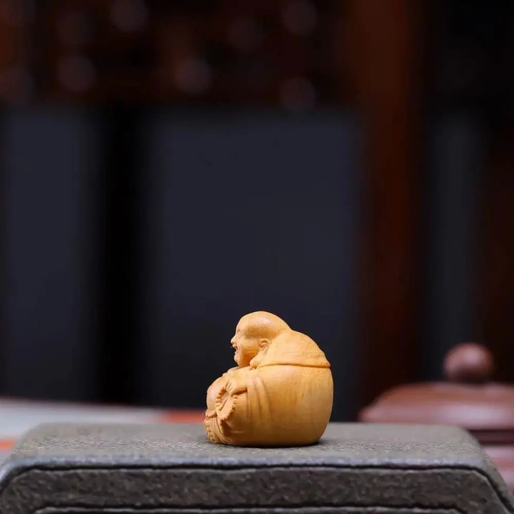 Home Decor Woodcarving Laughing Buddha Maitreya Sculpture Miniature Wooden Buddha Statue Craft Mini Handmade Statue Table Top