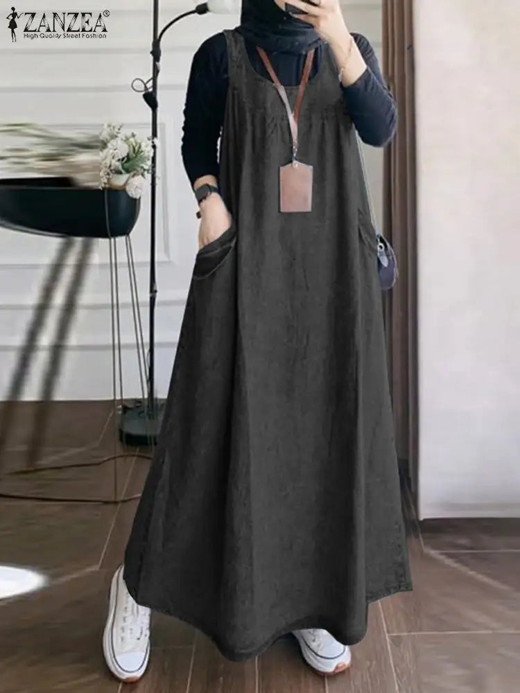 Summer Muslim Long Dress Abaya ZANZEA Women Vintage Sleeveless Denim Blue Maxi Vestidos Dubai Robe Casual Loose Ramadan Sundress - Lootquake