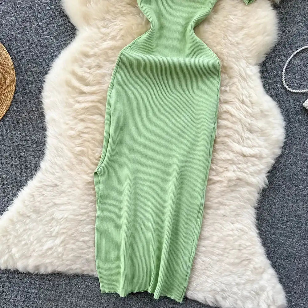 Green 2024 Sexy Summer Knit Short Sleeve Dress Women Squar Collar Waist Bodycon Sundress Female Beach Backless Long Dress - Lootquake