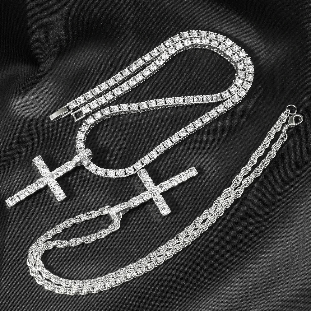 Hip Hop Cross Pendant Necklace Strap 4mm Zircon Tennis Chain Iced Out Sparkling Necklace Men Women Punk Jewelry Fashion Gift - Lootquake
