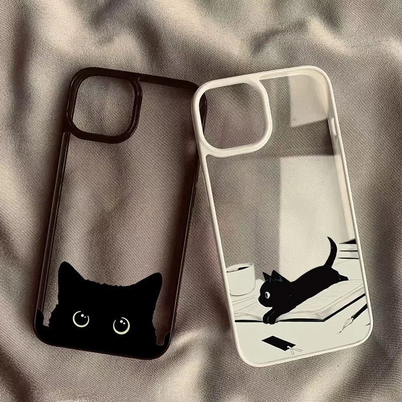 Funda rígida transparente con bonito estampado de gato negro