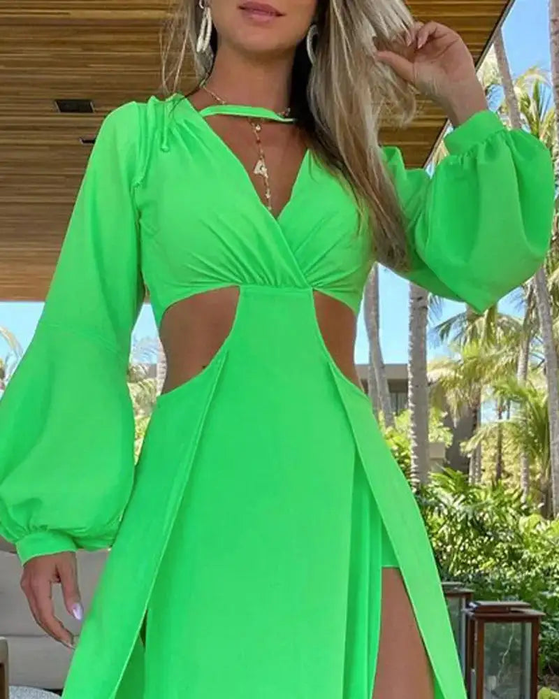 2024 Fashion New Women's Sexy Vacation Dress Solid Long Dress Cut Out Exposed Waist High Slit Suspender Long Skirt - Lootquake