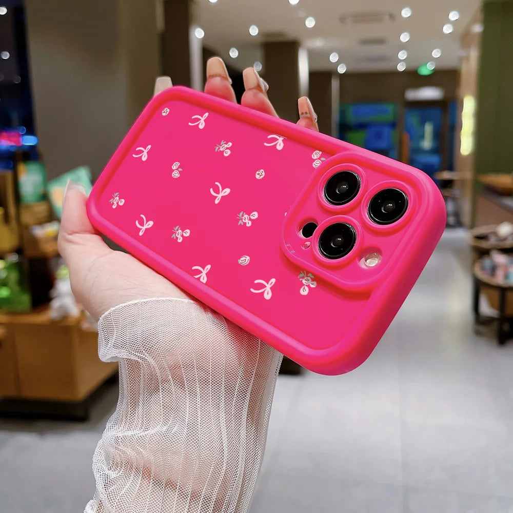 Funda de silicona con lazo rosa para iPhone, estilo coreano
