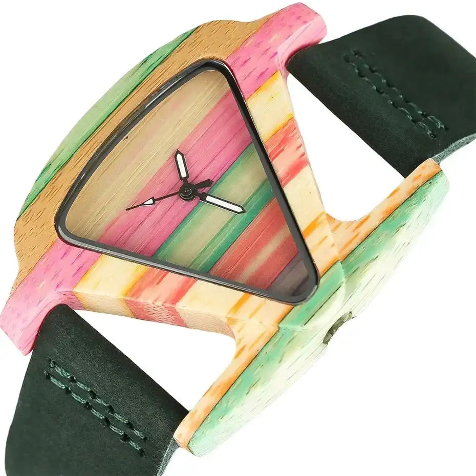 Unique Triangle Women's Wood Watch Creative Colorful Lady Green/ Red Genuine Leather Wristwatch Elegant Womens Watches Top Gifts - Lootquake