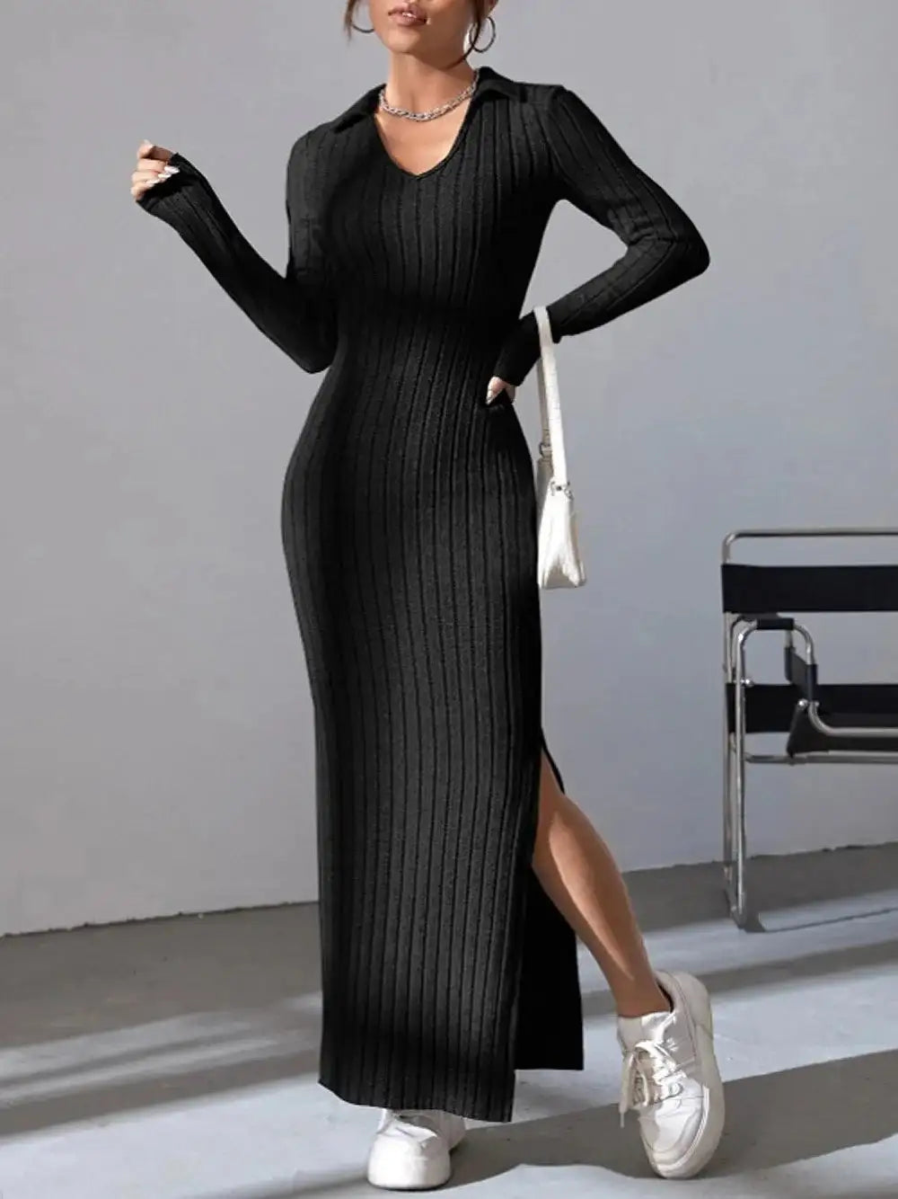 2024 Spring/Summer Knitted Dress Slim Fit Fashion Casual Women's Lapel Long sleeved Dress Concave Stripe Solid Color Long Dress - Lootquake