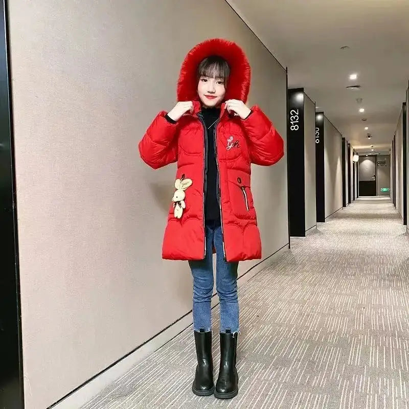 4 Color Big Size Winter Keep Warm Long Style Girls Jacket Teenage Thick Heavy Cold-proof Hooded Windbreaker Coat For Kids - Lootquake